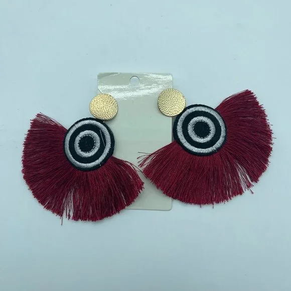 Tassel Earrings Red Black Embroidered Circles - Picture 6 of 6